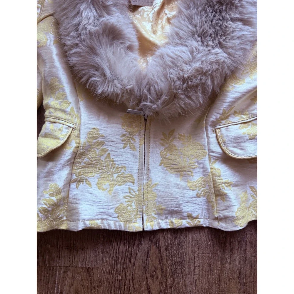 Free People Faux Fur Collar Jacquard Jacket Straw Yellow Floral ‎ XS